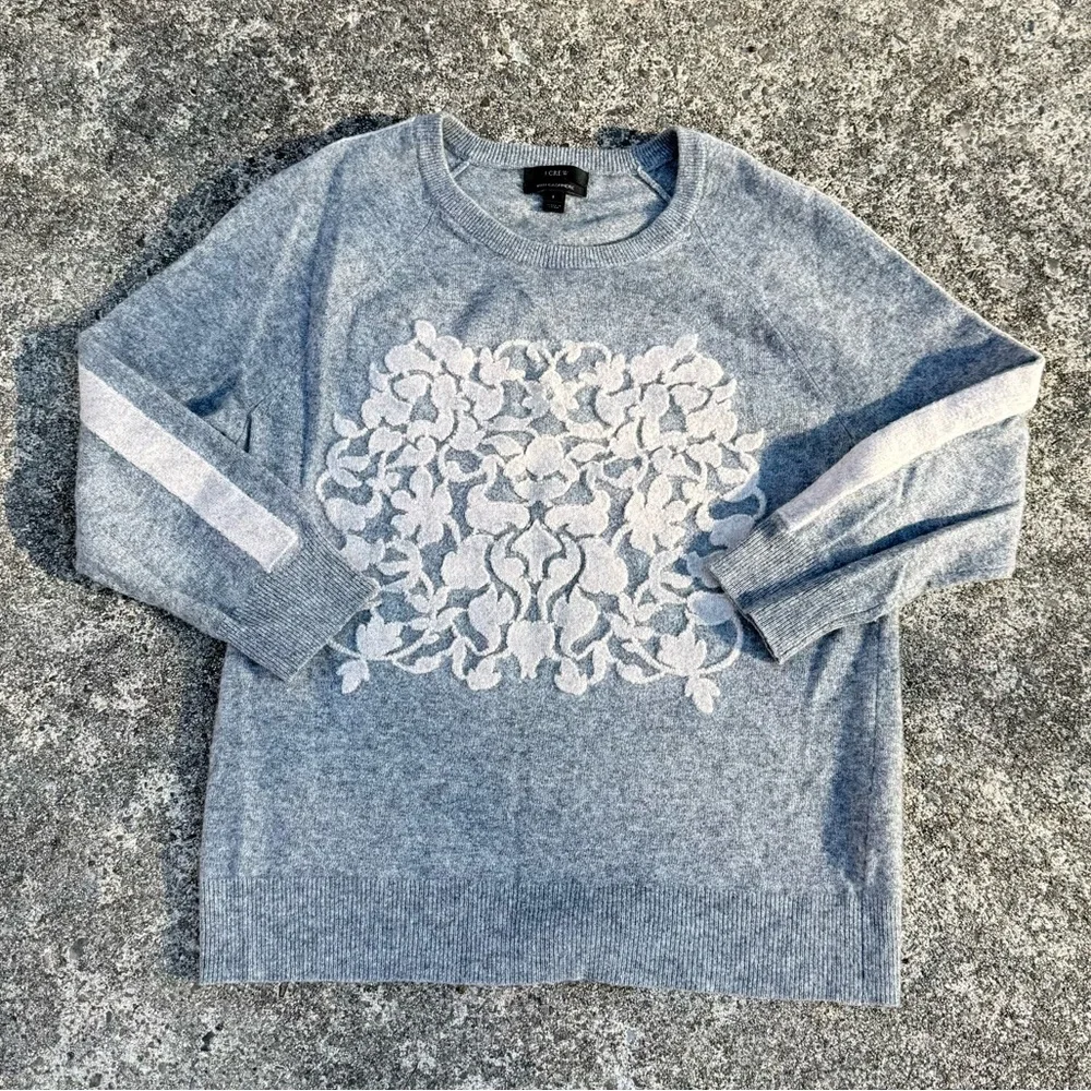 J.Crew Gray Cashmere Blend Sweater Floral Detail Crewneck Size S